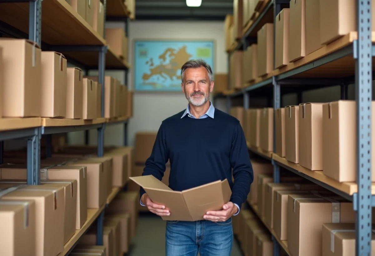 Homme d'âge moyen dans une boutique d'emballage examine une grande boîte