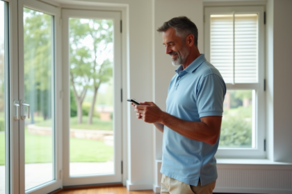 Homme d'âge moyen utilisant une télécommande sans fil pour volets