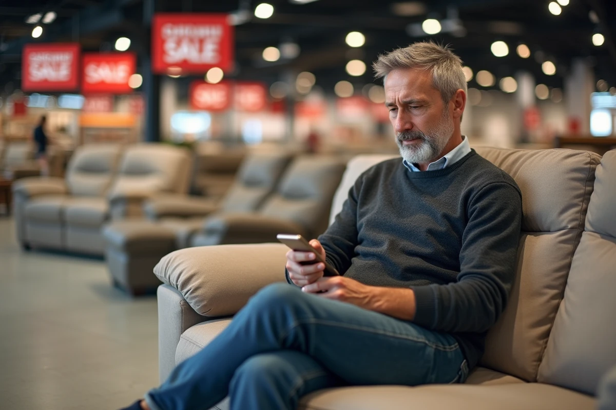 Homme assis sur un canapé en magasin comparant les prix des promotions sur son téléphone