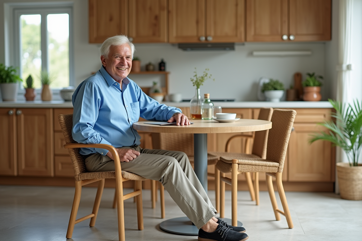 Homme âgé assis ajustant sa posture sur une chaise ergonomique