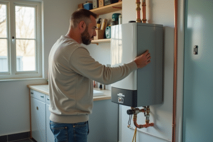 Homme inspectant un chauffe-eau électrique dans une pièce moderne