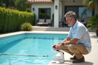 Homme d'âge moyen près de la piscine avec couverture automatique