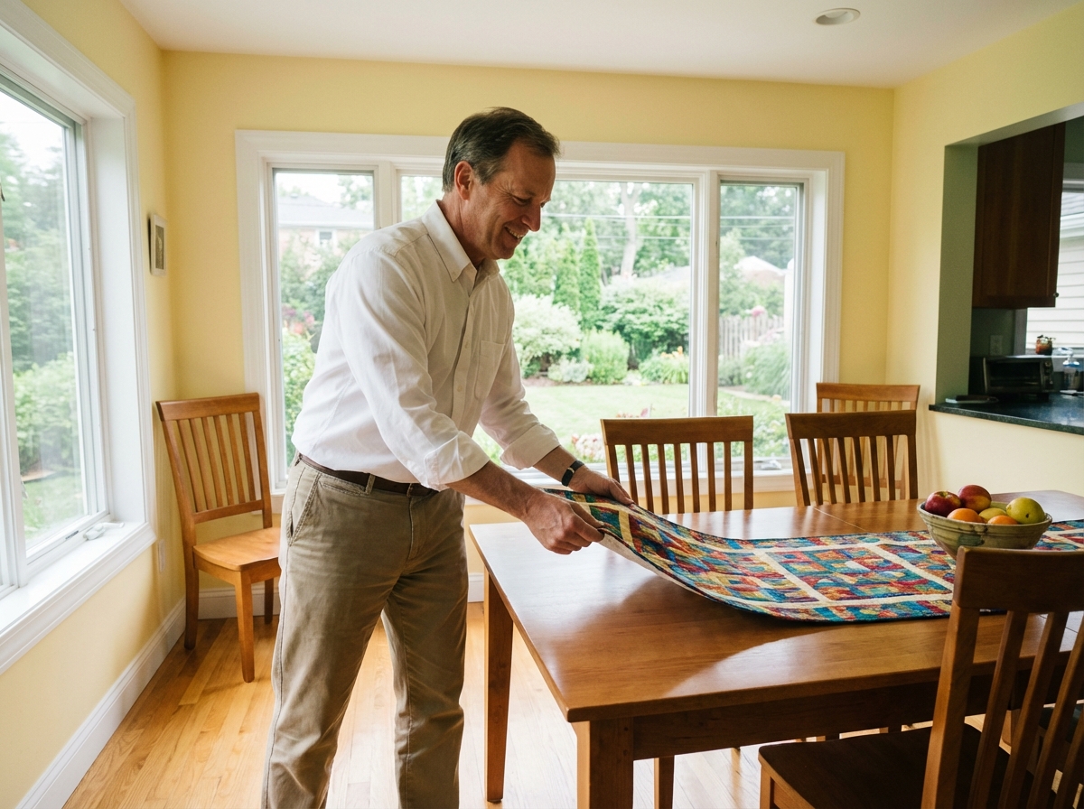 Homme déballant un chemin de table coloré dans une salle à manger lumineuse