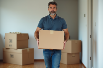 Homme dmenageur portant une grande boite dans un appartement