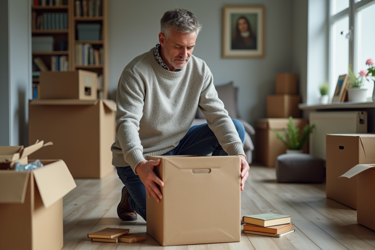 Homme emballant des livres anciens dans un couloir moderne