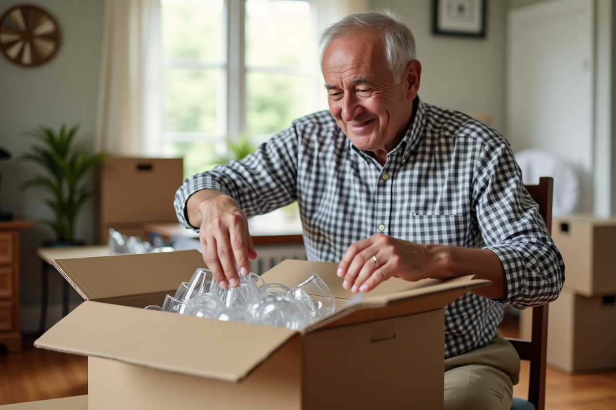 Homme âgé emballant des verres dans une salle à manger lumineuse