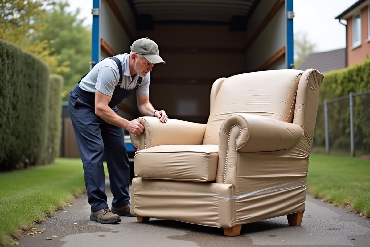 Homme sécurisant un fauteuil avec film étirable dans une cour