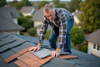 Homme d'âge moyen sur le toit examinant des échantillons de toiture