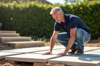 Homme d'âge moyen inspectant des pavés en porcelaine dans un jardin en rénovation