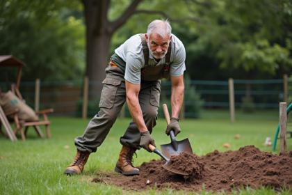 Homme en salopette creusant dans un jardin