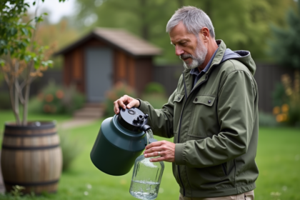 Homme filtrant de l'eau de pluie dans un jardin suburbain