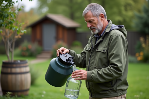 Homme filtrant de l'eau de pluie dans un jardin suburbain
