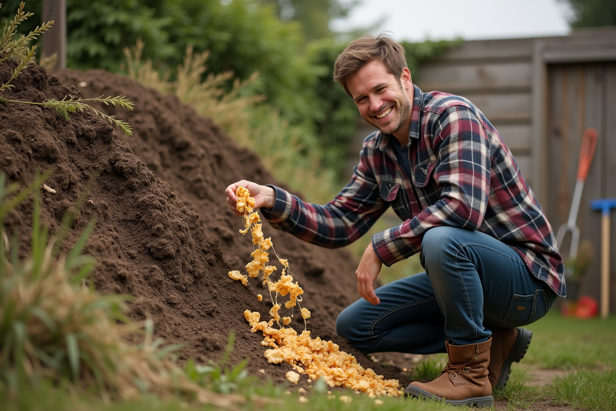 Jeune homme compostant des écorces de fromage dans le jardin