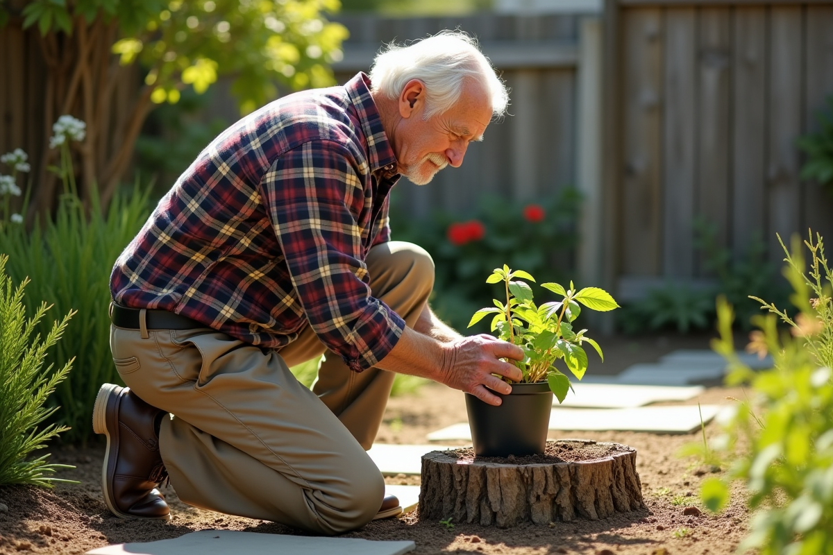 Homme âgé inspectant une plante dans son jardin ensoleillé