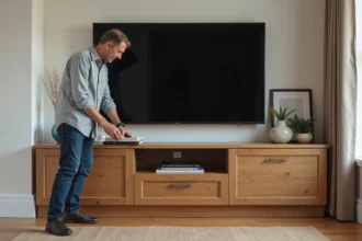 Homme d'âge moyen arrangeant des livres dans un salon moderne
