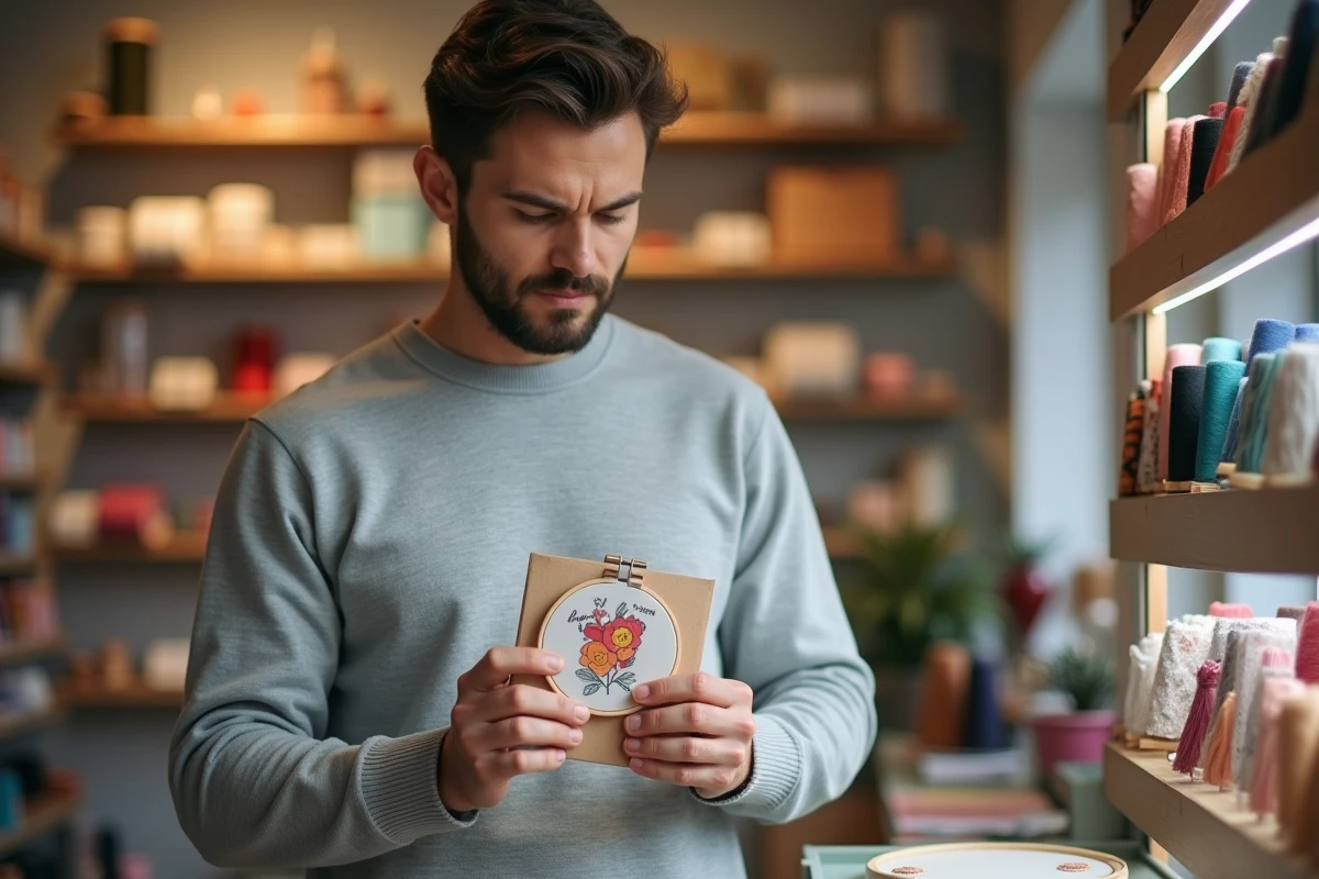 Homme en magasin comparant un kit de broderie et du matériel vendu au détail