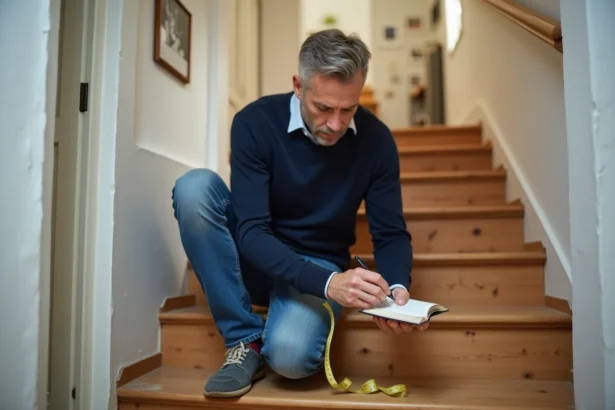 Homme mesurant une marche d'escalier en bois dans une maison
