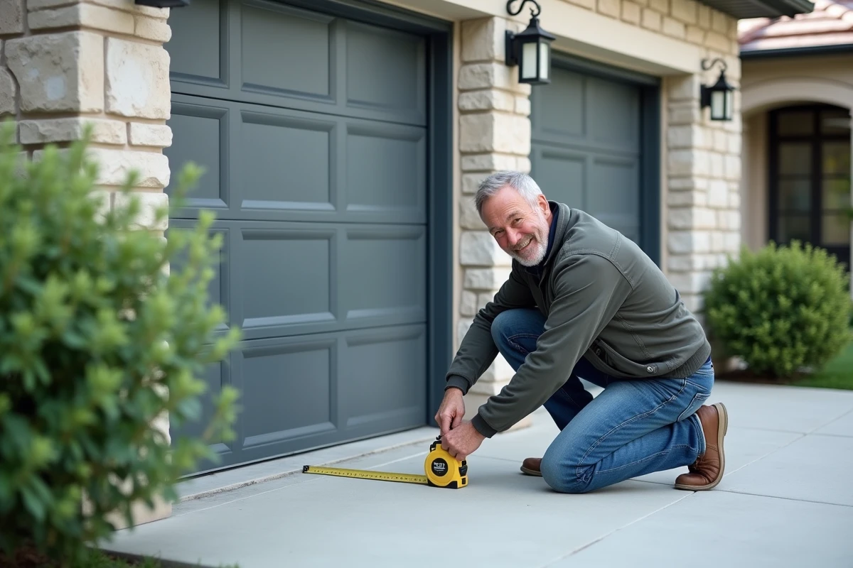 Homme en travail mesurant un garage moderne extérieur