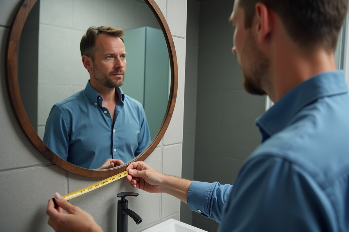 Homme mesurant un miroir rond dans sa salle de bain