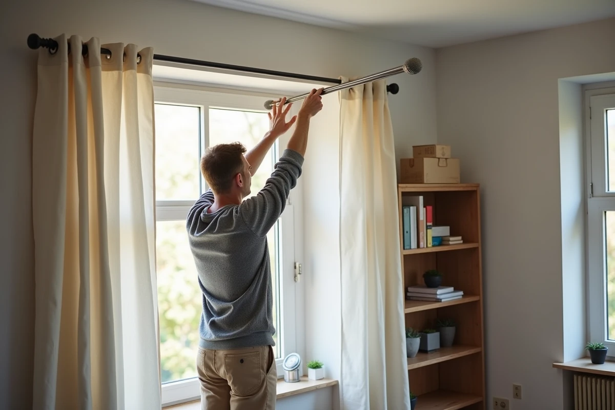 Homme en gris monte un rideau dans un bureau bien organisé