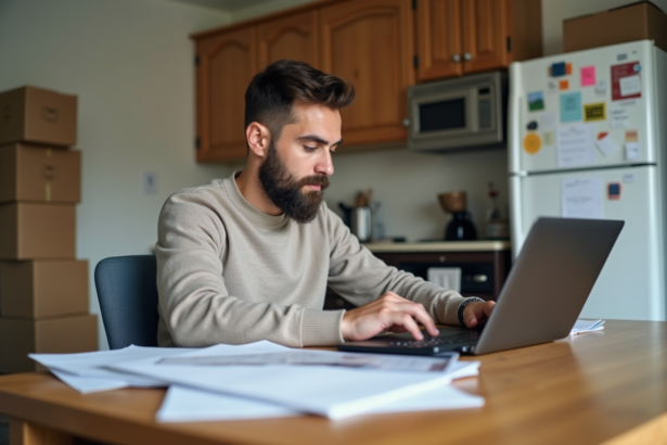 Homme concentré à organiser son déménagement à la maison