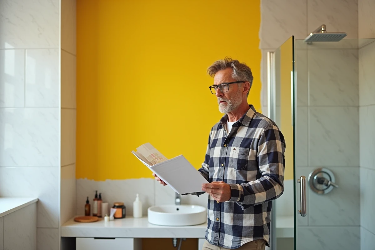 Homme tenant un nuancier dans la salle de bain