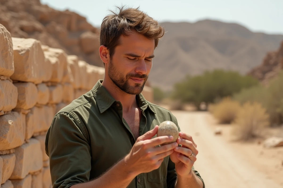 Homme examinant une pierre rose des sables en extérieur dans un paysage désertique aride lors d'un rituel de protection