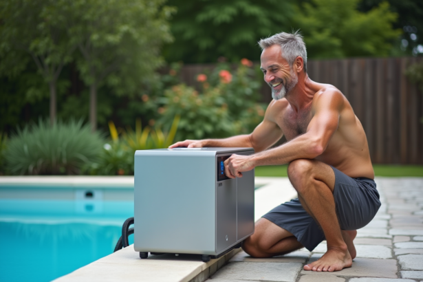 Homme d'âge moyen ajustant une pompe à chaleur près de la piscine