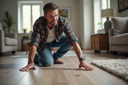 Homme en jeans et chemise pladie sur sol vinyle neuf