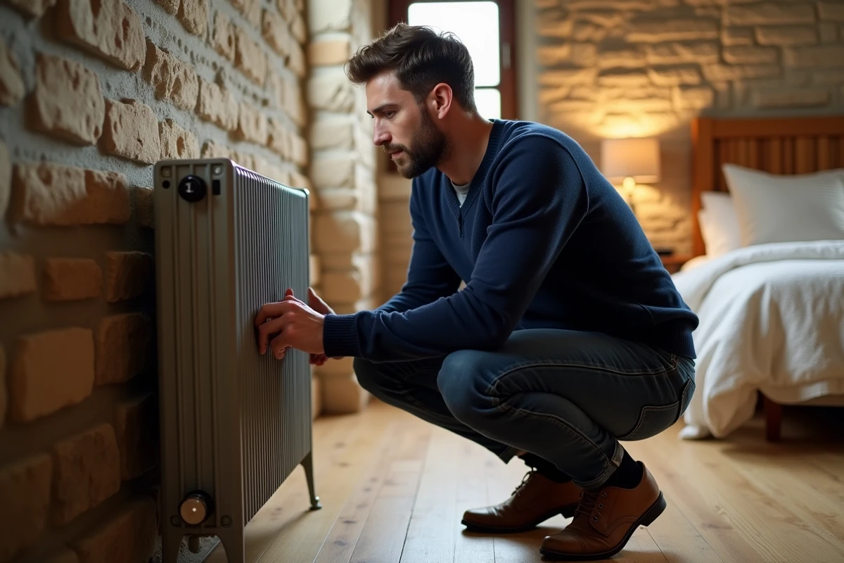 Homme inspectant un radiateur économique dans une chambre rénovée au style rustique