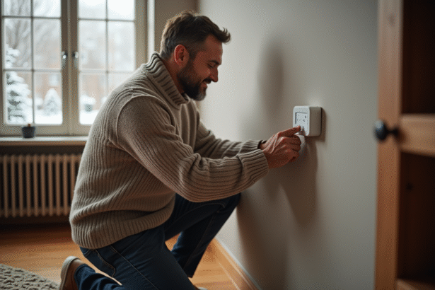 Homme d'âge moyen ajustant un thermostat mural moderne dans un salon chaleureux