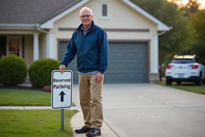 Homme souriant attachant un panneau de stationnement réservé devant sa maison