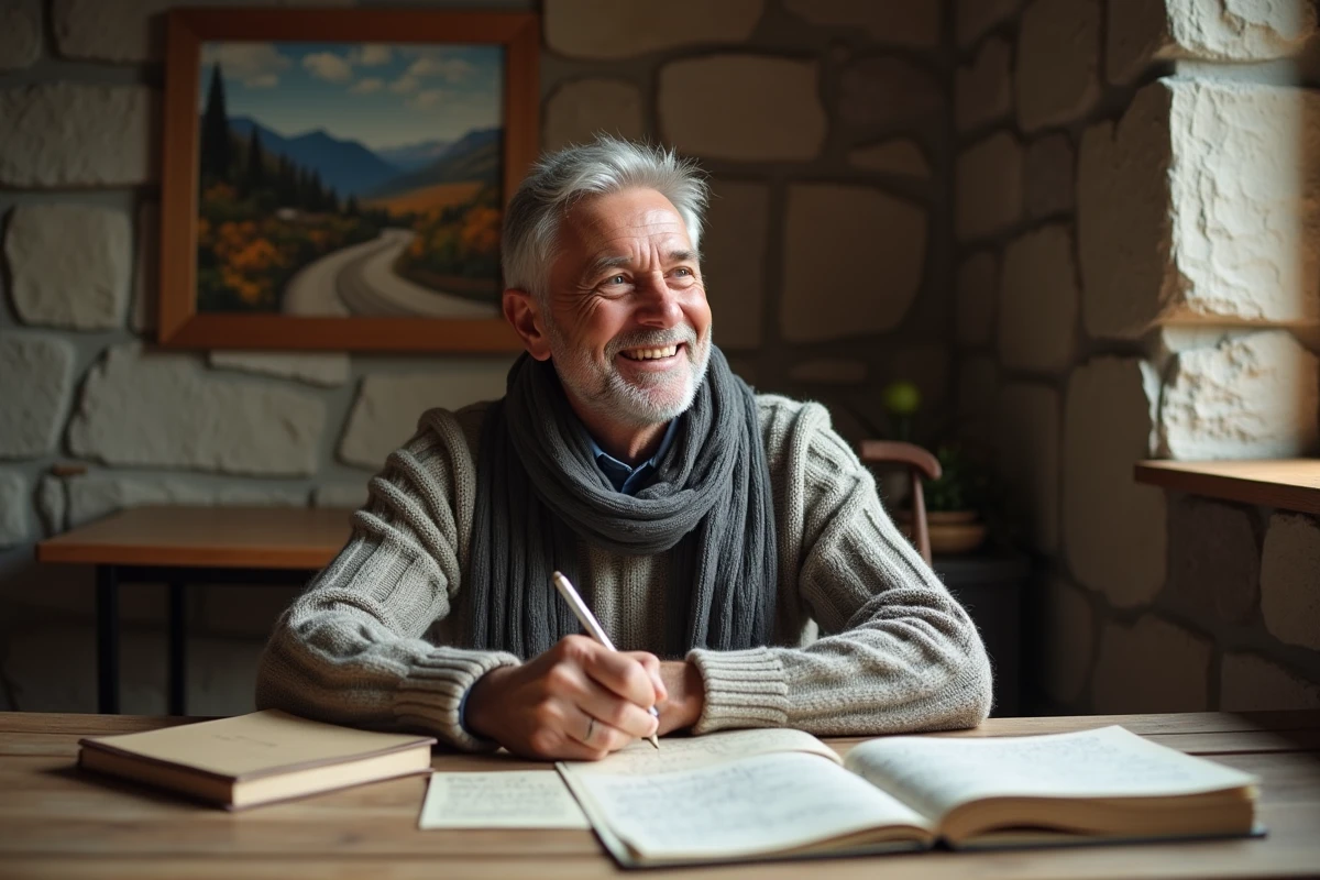 Homme souriant dans une salle rustique avec cartes et carnets