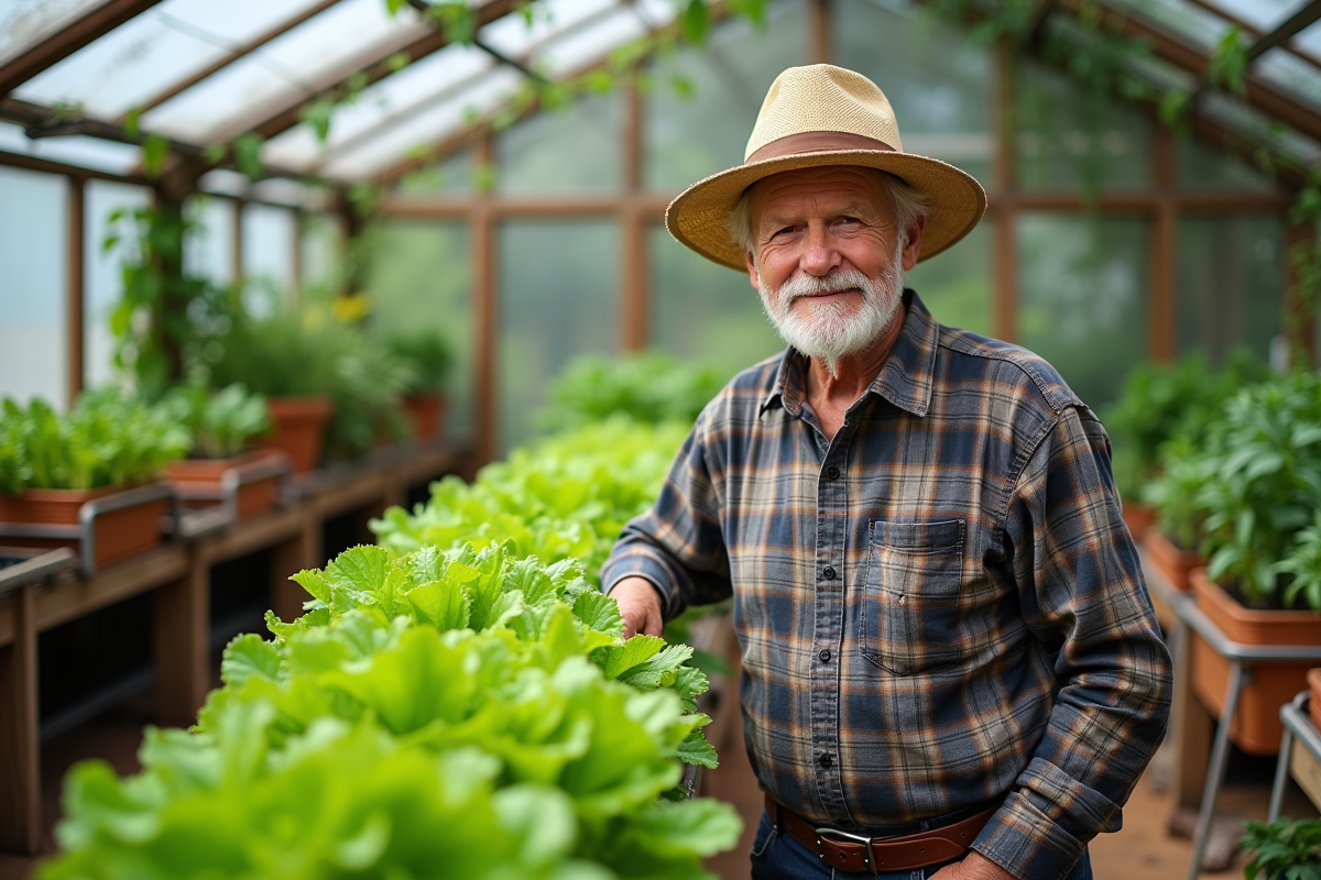 Homme âgé dans une serre avec des légumes verts