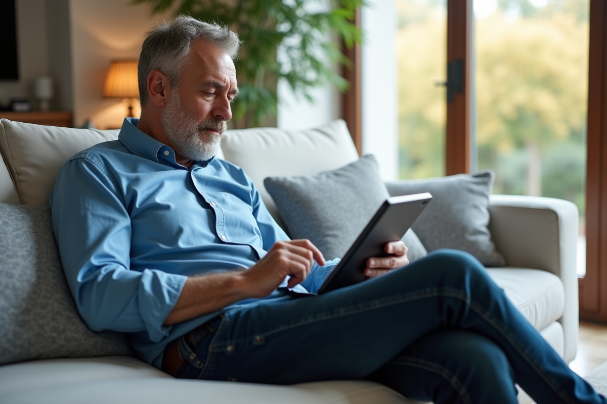 Homme utilisant une tablette pour contrôler ses appareils connectes
