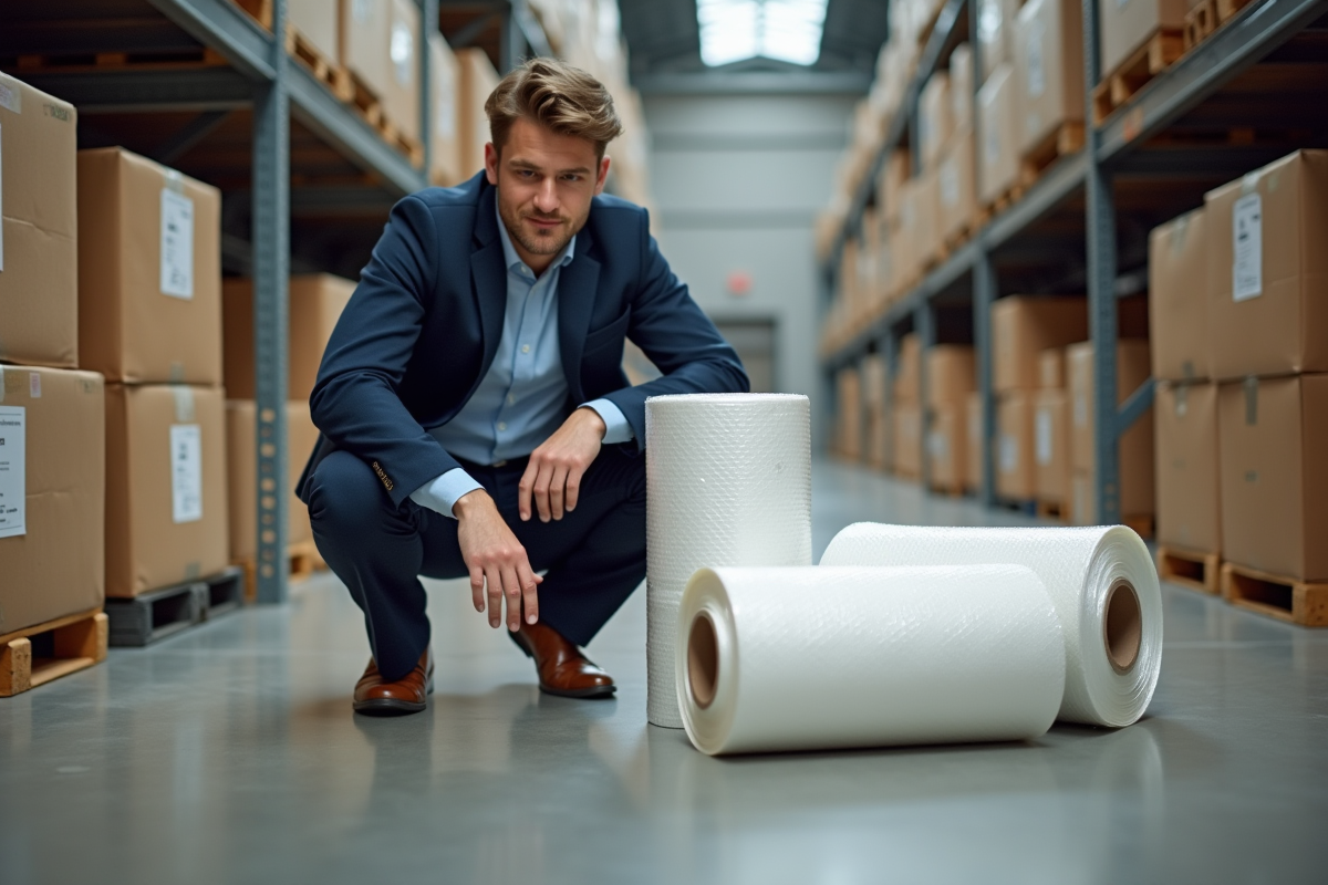 Jeune homme vérifiant des rouleaux de bulle wrap en entrepôt