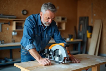 Homme vérifiant une scie circulaire dans un garage