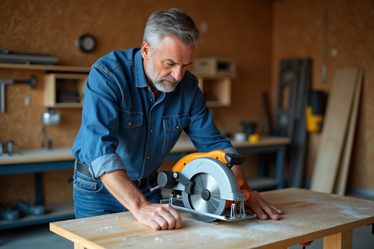 Homme vérifiant une scie circulaire dans un garage