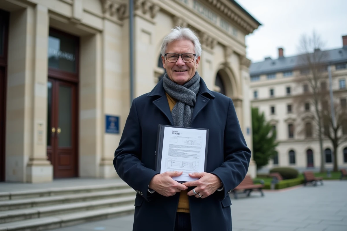 Homme avec dossier d urbanisme devant mairie en extérieur