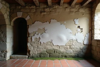 Mur en pierre ancienne avec traces d'humidité, efflorescence et moisissures dans une maison ancienne en France