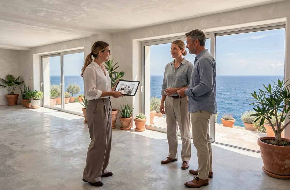 Consultante d'ID Intérieur présentant une visualisation 3D à des clients dans une villa de Biarritz avec vue mer