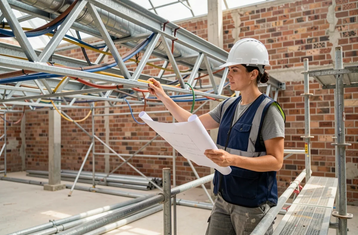 Ingénieure en bâtiment vérifiant les plans devant un système de poutres POSI avec passages de gaines sur chantier