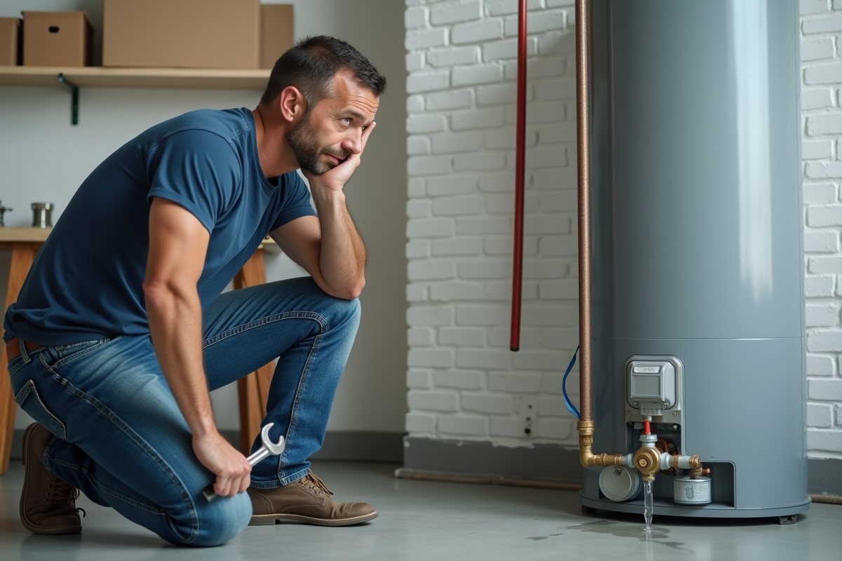 Homme d'âge moyen inspectant un chauffe-eau avec une clé dans un local technique