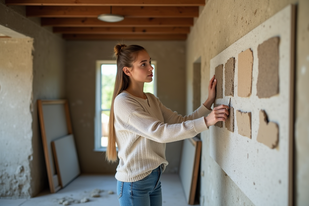 Jeune femme inspectant un échantillon de hempcrete
