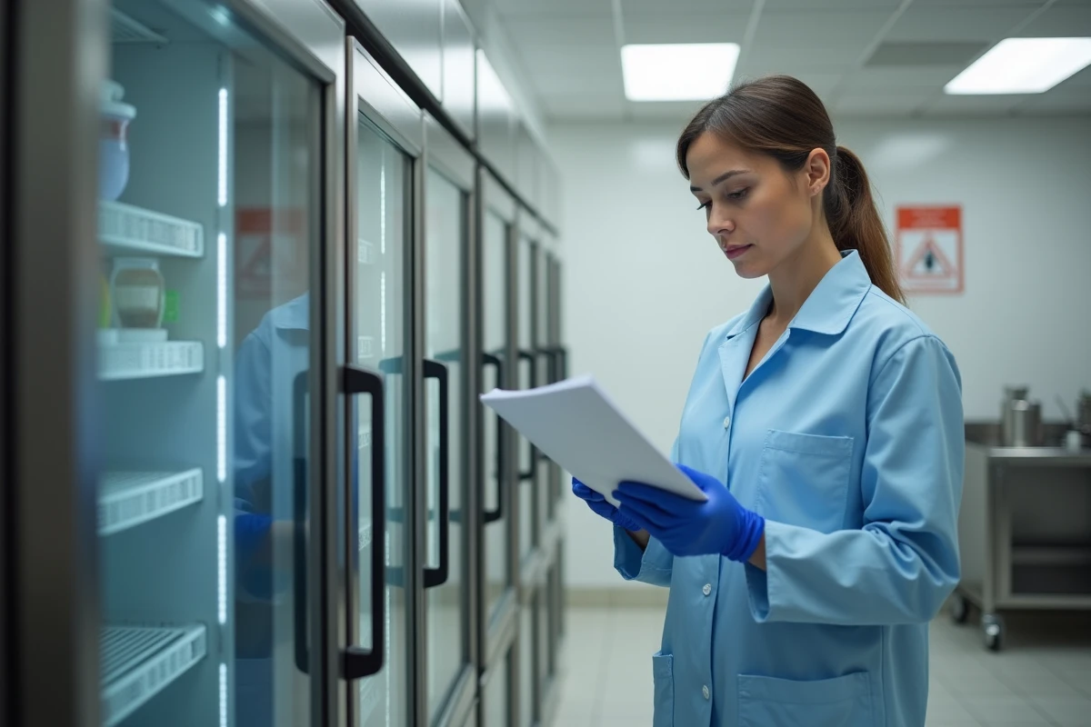 Inspectrice vérifiant une liste près de réfrigérateurs professionnels