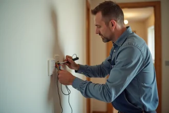 Homme moyen âge installant un double interrupteur dans un appartement moderne