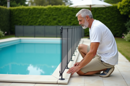Homme français installe une barrière de sécurité autour de la piscine