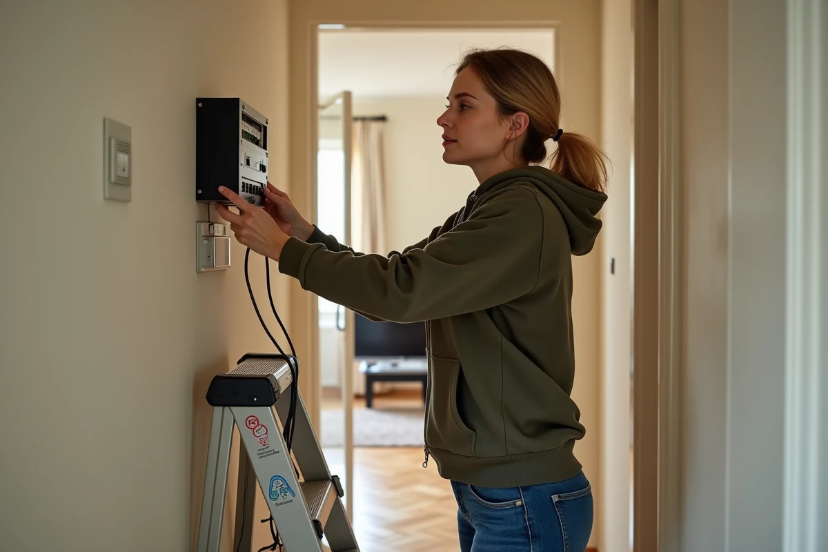 Femme installant un amplificateur de distribution TNT dans un couloir résidentiel en connectant un câble coaxial