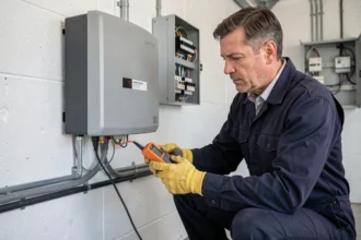 Électricien professionnel installant un onduleur solaire triphasé dans un garage résidentiel
