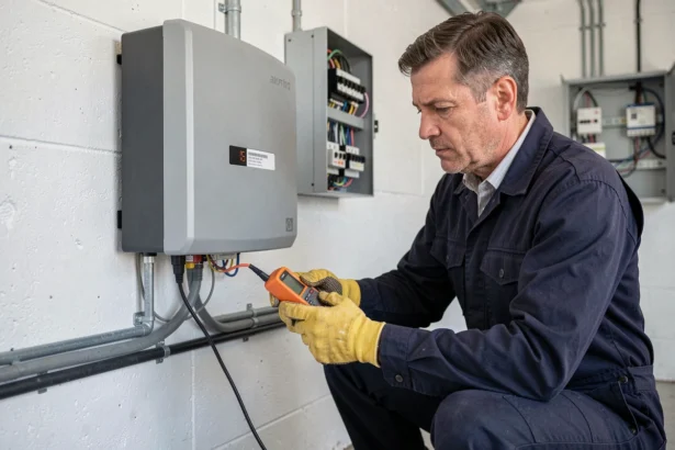 Électricien professionnel installant un onduleur solaire triphasé dans un garage résidentiel
